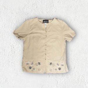 Vtg Sag Harbor Linen Blend Button Beige Floral Embroidery Minimalist Boho shirt